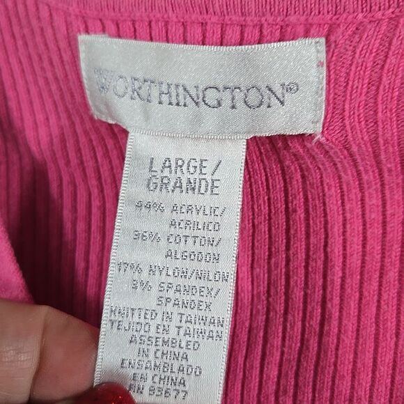 Worthington Hot Pink V-Neck Ribbed Sweater 3/4 Sleeve Pullover Women's L Winter - Picture 5 of 8